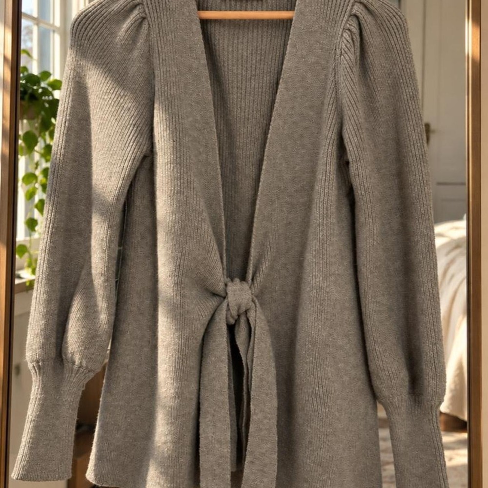 Luxury Gray Viscose Blend Ribbed Wrap Tie Waist Balloon Sleeve Warm Cardigan